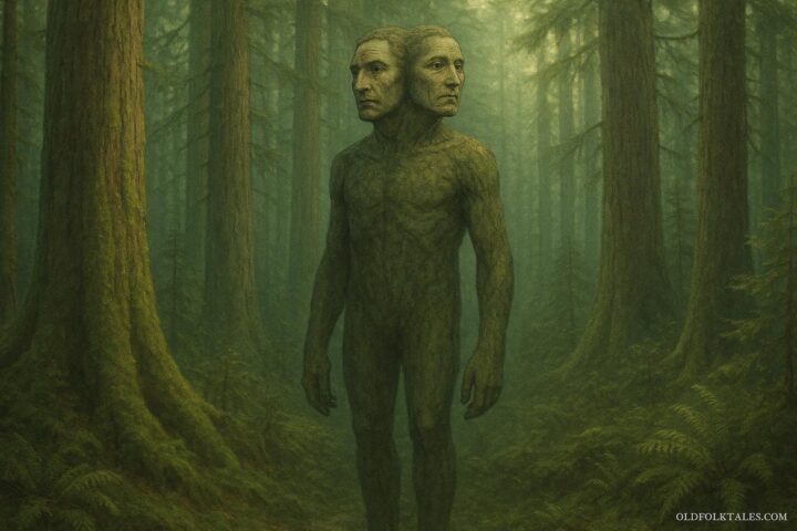 A tall forest being with two human faces standing among ancient trees.
