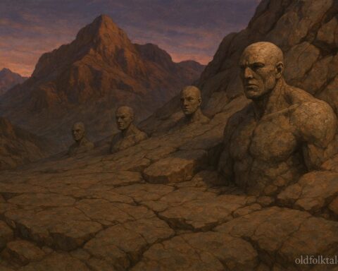 Small stone like humanoid beings emerging from a rocky mountain surface.