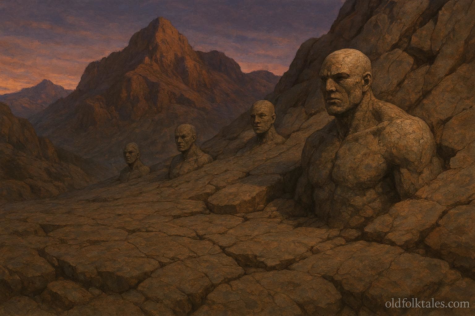 Small stone like humanoid beings emerging from a rocky mountain surface.