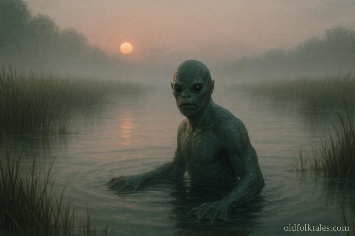 Illustration of the Waterman of Chesapeake Bay, a humanoid aquatic creature with webbed hands moving through misty marsh waters