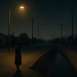 A nighttime El Paso streetlight illuminating a lone crying woman standing near a concrete drainage canal in a quiet neighborhood.