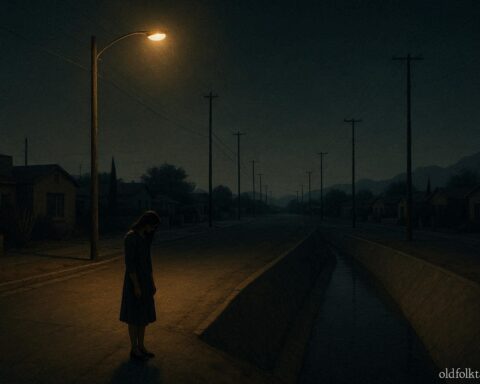 A nighttime El Paso streetlight illuminating a lone crying woman standing near a concrete drainage canal in a quiet neighborhood.