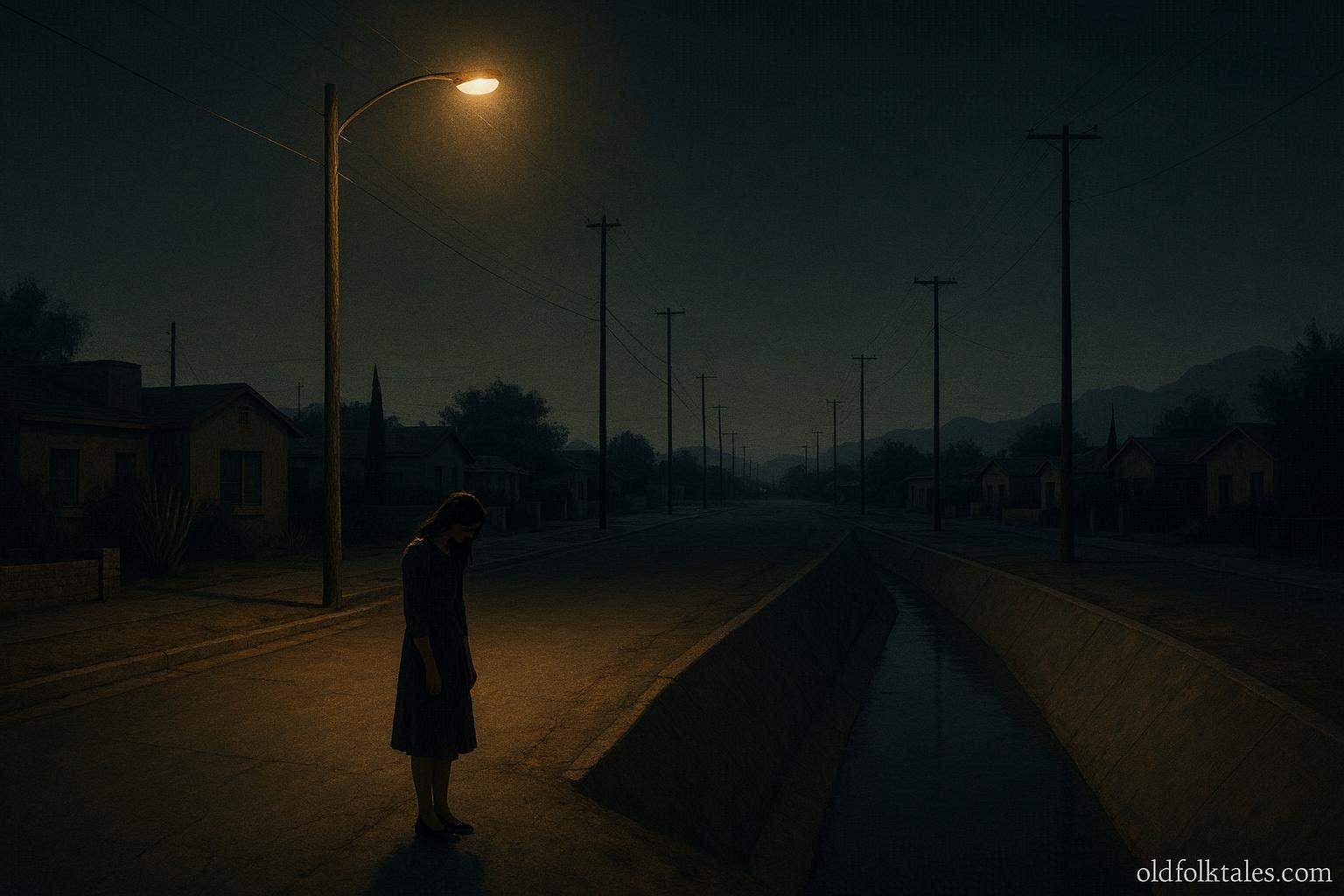 A nighttime El Paso streetlight illuminating a lone crying woman standing near a concrete drainage canal in a quiet neighborhood.