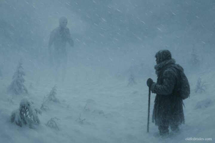 A pale humanoid figure appearing within heavy snowfall while a lone traveler stands uncertain in a frozen subarctic landscape during a winter storm.