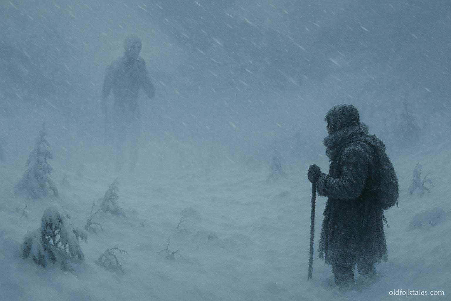 A pale humanoid figure appearing within heavy snowfall while a lone traveler stands uncertain in a frozen subarctic landscape during a winter storm.