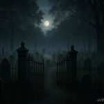 Misty nighttime view of Union Cemetery in Connecticut with iron gates and old gravestones, representing the White Lady legend.