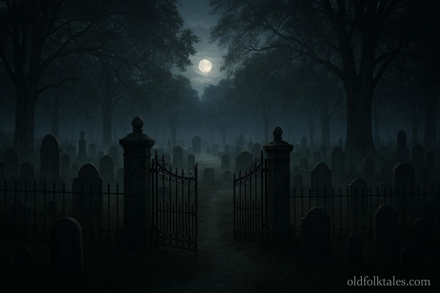 Misty nighttime view of Union Cemetery in Connecticut with iron gates and old gravestones, representing the White Lady legend.