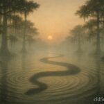 Illustration of the White River Monster, a large serpentine aquatic creature swimming beneath foggy river waters with trees lining the banks