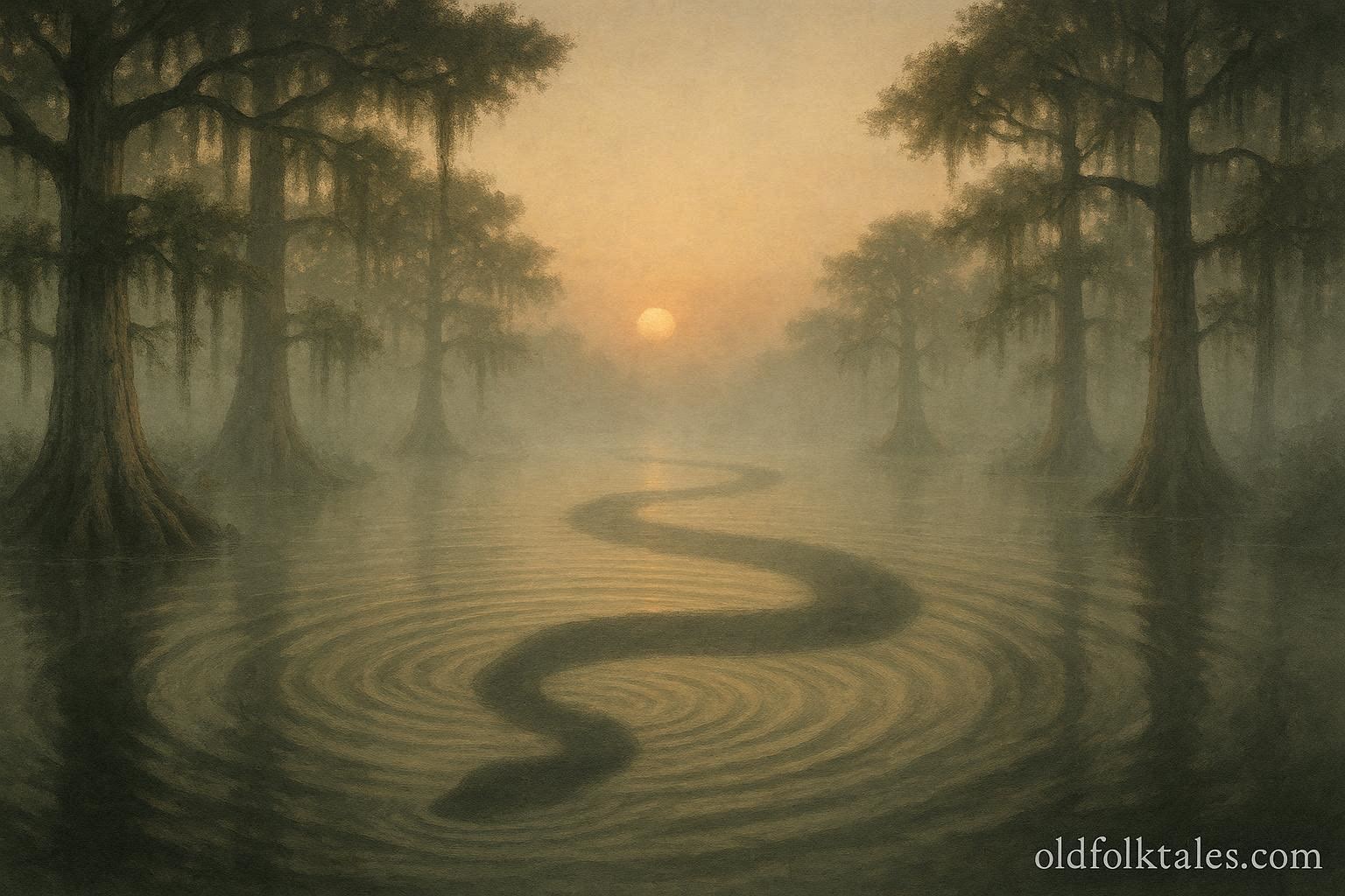 Illustration of the White River Monster, a large serpentine aquatic creature swimming beneath foggy river waters with trees lining the banks