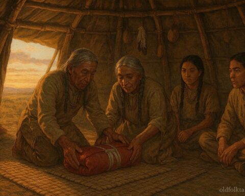 Elders presenting a sacred bundle to young members in a Plains lodge, symbolizing memory, guidance, and community responsibility.