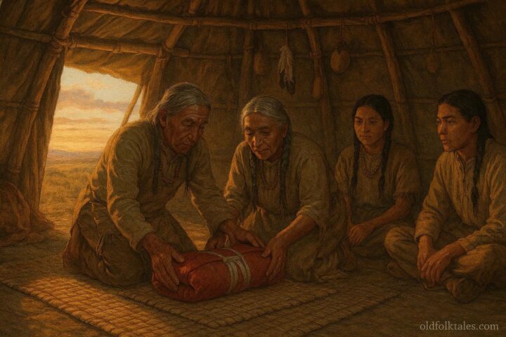 Elders presenting a sacred bundle to young members in a Plains lodge, symbolizing memory, guidance, and community responsibility.