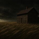 Tall prairie grass bending sharply in strong whistling wind as dark storm clouds gather near a distant farmhouse, signaling approaching weather change.