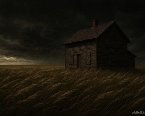 Tall prairie grass bending sharply in strong whistling wind as dark storm clouds gather near a distant farmhouse, signaling approaching weather change.