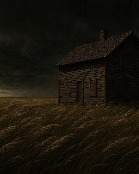 Tall prairie grass bending sharply in strong whistling wind as dark storm clouds gather near a distant farmhouse, signaling approaching weather change.