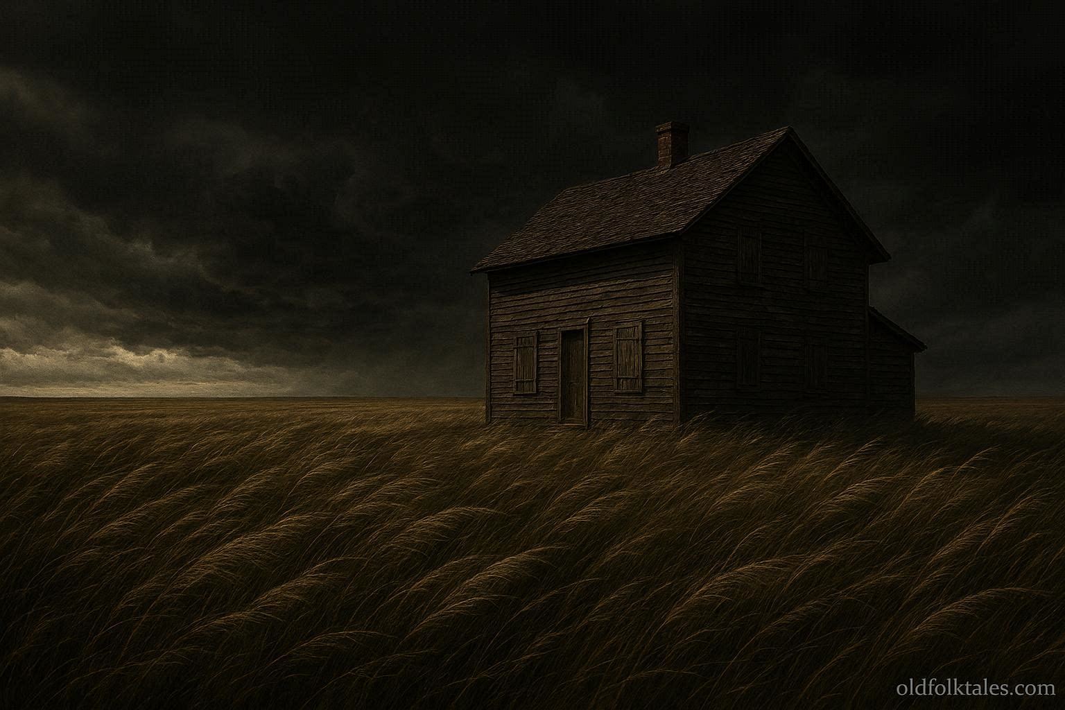 Tall prairie grass bending sharply in strong whistling wind as dark storm clouds gather near a distant farmhouse, signaling approaching weather change.