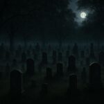 A misty Indiana cemetery at night with shadowy figures between old gravestones and an eerie quiet atmosphere.