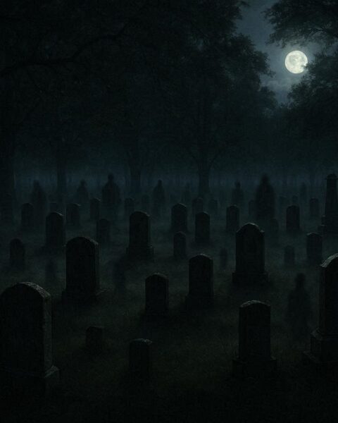A misty Indiana cemetery at night with shadowy figures between old gravestones and an eerie quiet atmosphere.