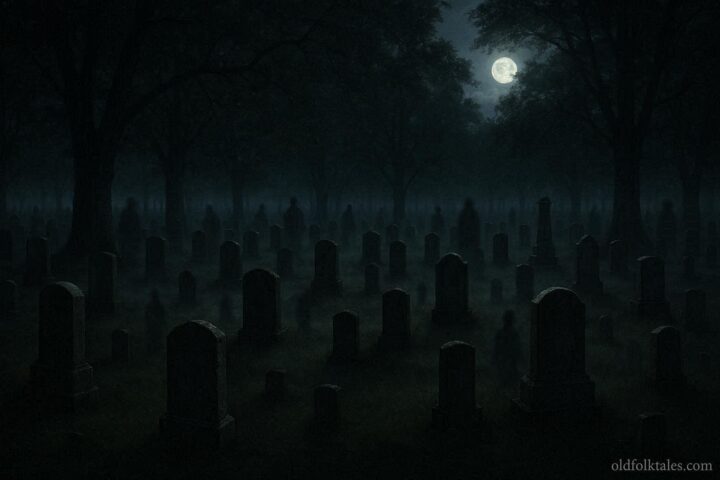 A misty Indiana cemetery at night with shadowy figures between old gravestones and an eerie quiet atmosphere.