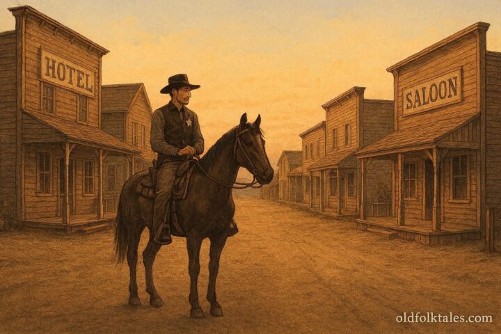 Wild Bill Hickok, legendary frontier lawman and gunfighter, standing in a quiet Western town representing courage and justice