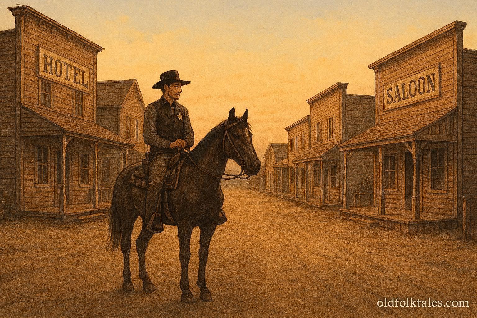 Wild Bill Hickok, legendary frontier lawman and gunfighter, standing in a quiet Western town representing courage and justice