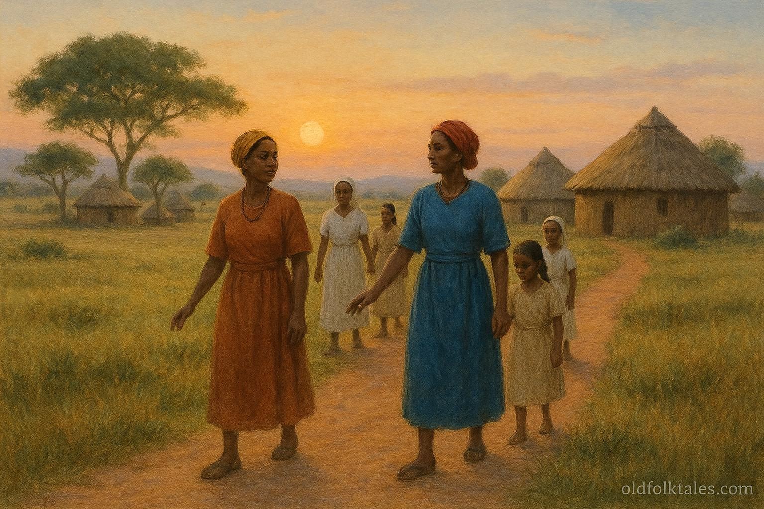 Indigenous women guiding village members during early evacuation inspired by war warning legends.