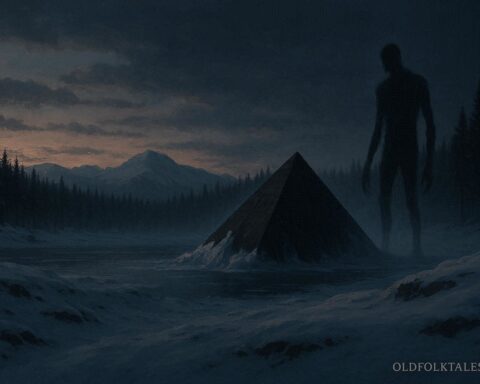 Dark pyramid-like structure in remote Alaska with a shadowy figure nearby at dusk