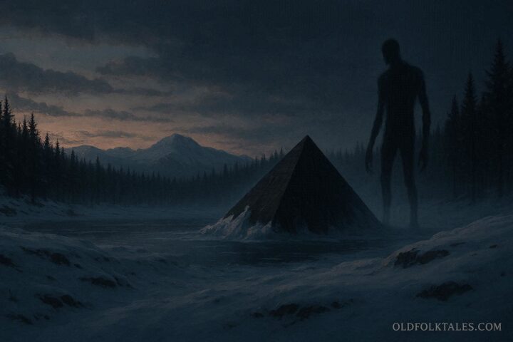 Dark pyramid-like structure in remote Alaska with a shadowy figure nearby at dusk