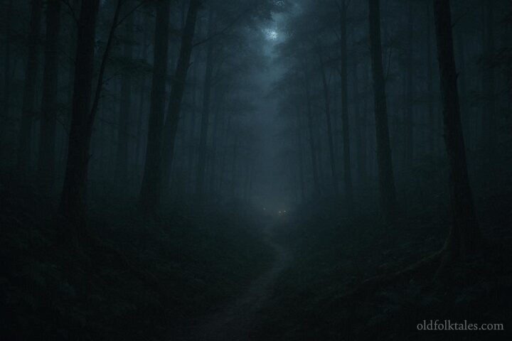 Foggy Appalachian forest at night with glowing lights representing witches in haunted hollows.