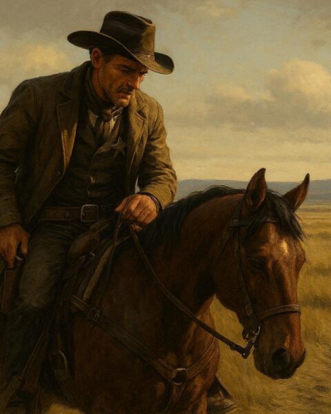 A lawman tracking footprints across an open western landscape