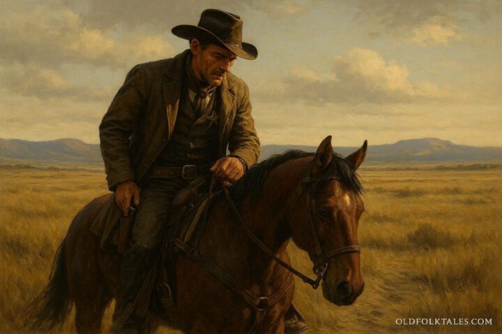 A lawman tracking footprints across an open western landscape