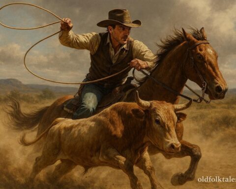 A cowboy demonstrating advanced cattle handling skills in a rodeo arena