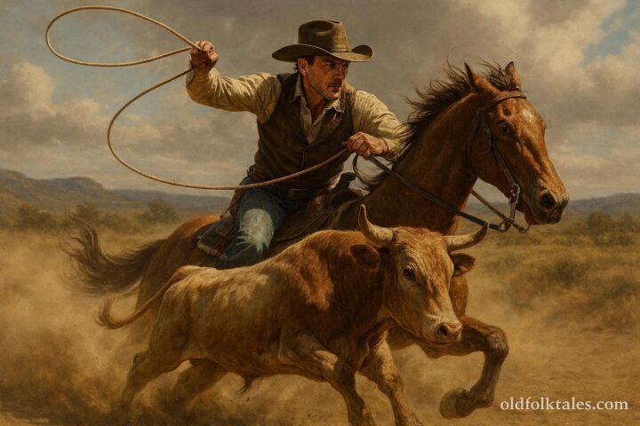 A cowboy demonstrating advanced cattle handling skills in a rodeo arena