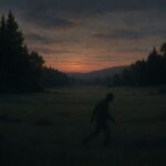 A shadowy figure moving across a quiet natural landscape at dusk
