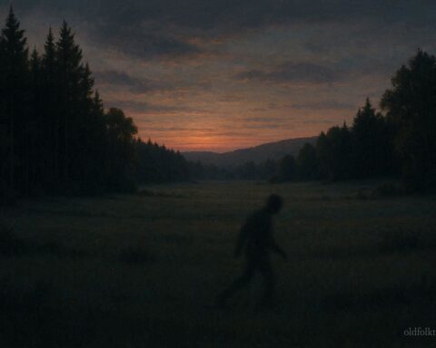 A shadowy figure moving across a quiet natural landscape at dusk
