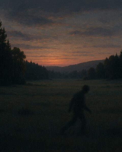 A shadowy figure moving across a quiet natural landscape at dusk