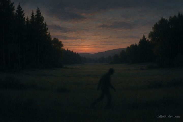 A shadowy figure moving across a quiet natural landscape at dusk