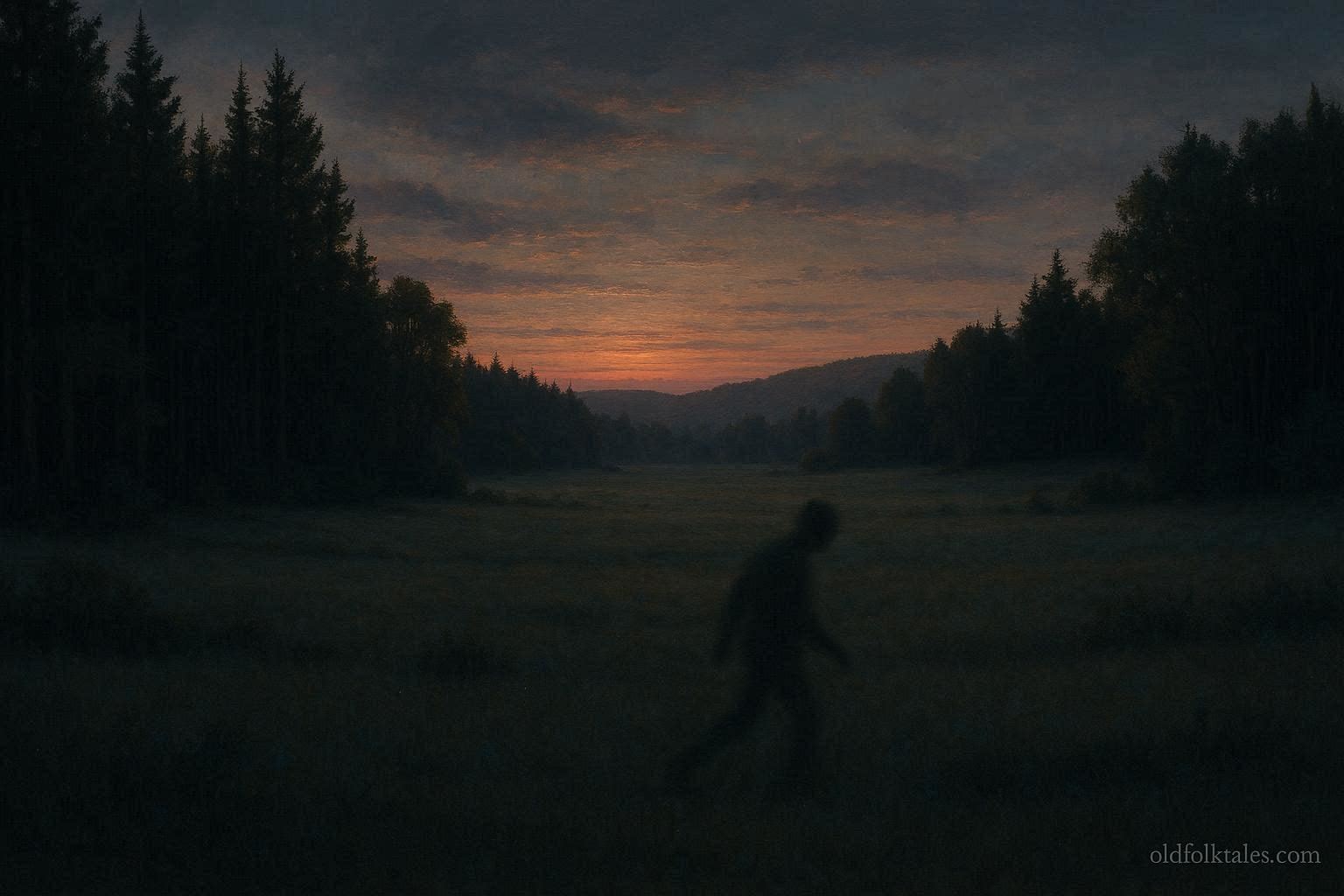 A shadowy figure moving across a quiet natural landscape at dusk