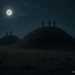 Ancient mounds at night with faint shadowy figures visible