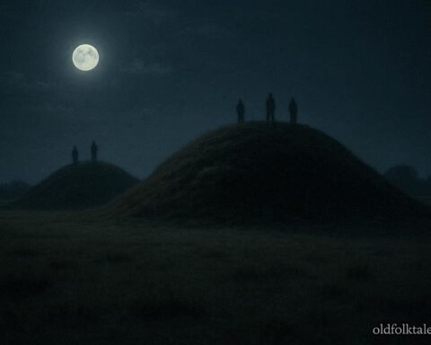 Ancient mounds at night with faint shadowy figures visible