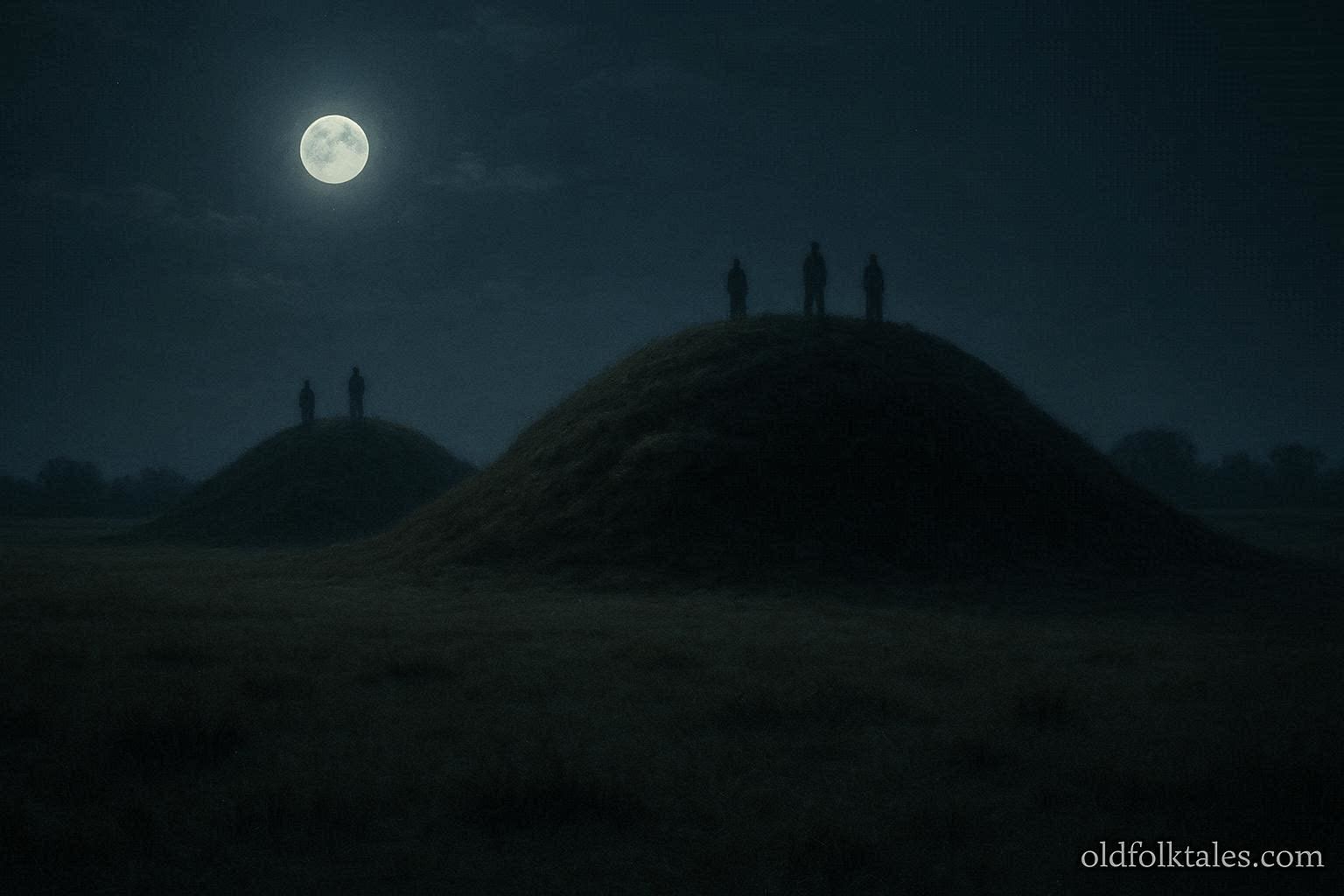 Ancient mounds at night with faint shadowy figures visible