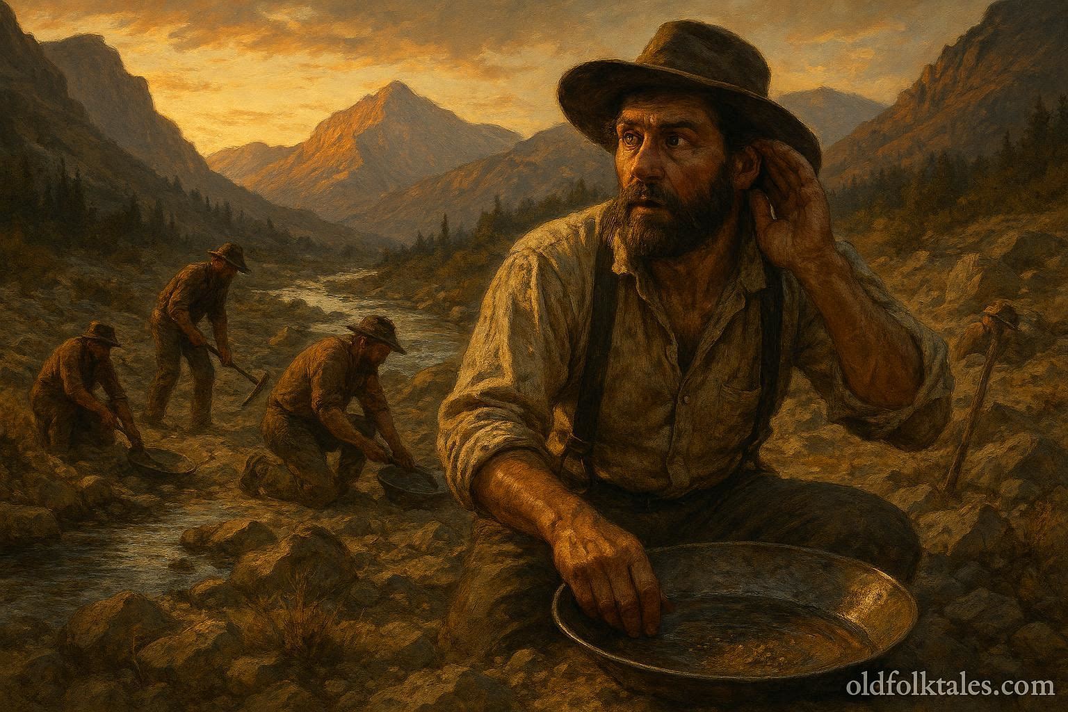 Gold rush miner listening to mysterious voices in the hills