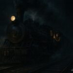 A train engineer focused on controlling a steam locomotive at night