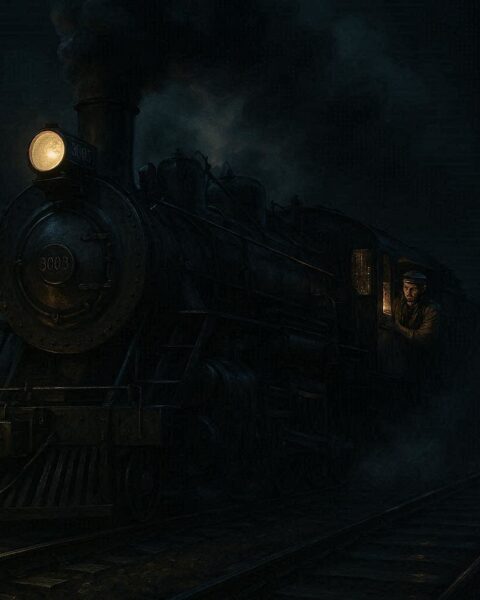 A train engineer focused on controlling a steam locomotive at night