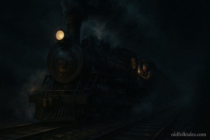 A train engineer focused on controlling a steam locomotive at night