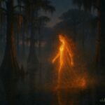 Glowing Fire Woman walking through Louisiana wetlands with light illuminating trees and water, representing Chitimacha legend.
