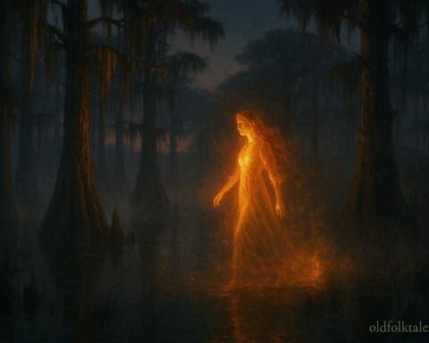 Glowing Fire Woman walking through Louisiana wetlands with light illuminating trees and water, representing Chitimacha legend.