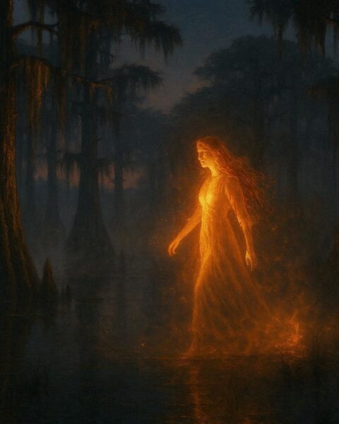 Glowing Fire Woman walking through Louisiana wetlands with light illuminating trees and water, representing Chitimacha legend.