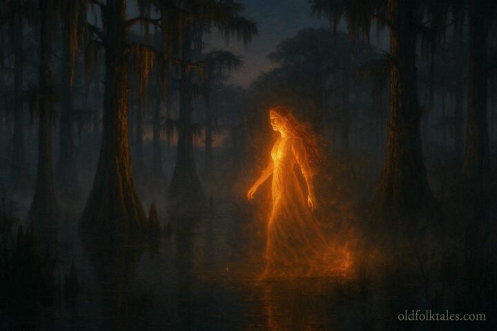 Glowing Fire Woman walking through Louisiana wetlands with light illuminating trees and water, representing Chitimacha legend.