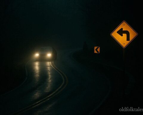 Dark road at night with headlights approaching a sharp curve and faint shadowy figure nearby