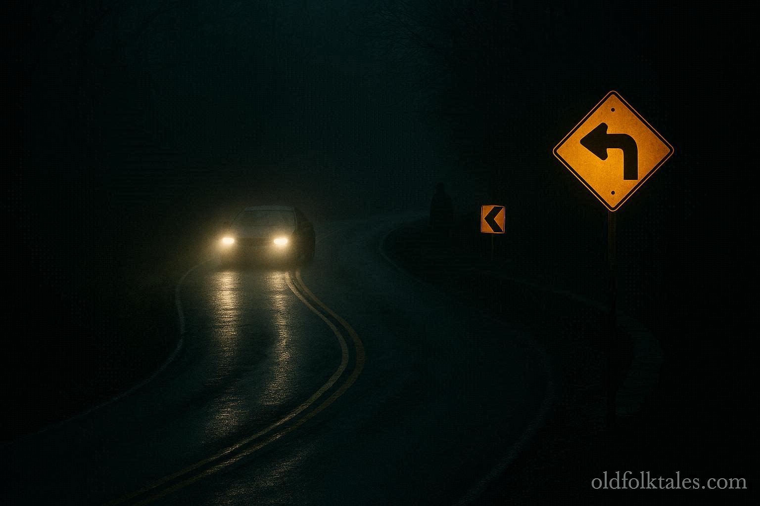Dark road at night with headlights approaching a sharp curve and faint shadowy figure nearby